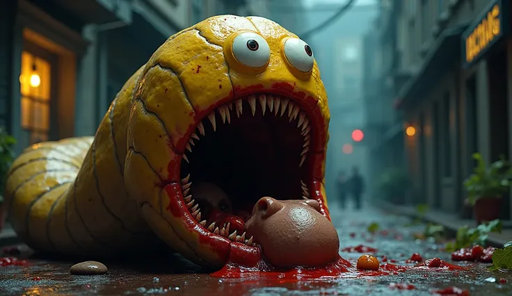 A gaint Earthworm having head of character yellow minion having two eye opening big creepy mouth having bloody teeth eating head of a man at creepy night street 