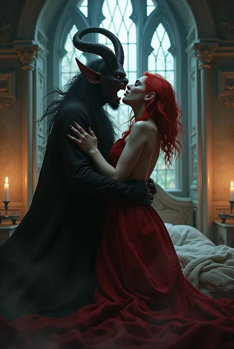 Spiral, horned, devil man, biting the neck of a busting redheaded, vampire thick frame background, Gothic castle bedroom