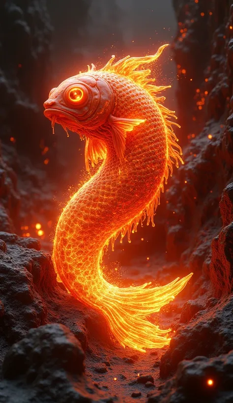 Fish that consists of lava As realistic as possible. 8 k. HD