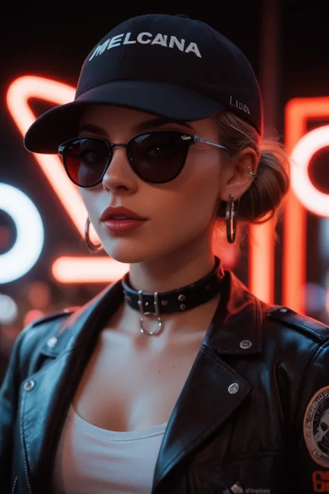 Close-up do rosto, Alternative girl,  looking over black sunglasses, jacket, collar,  neon light reflections on the skin, earring, makeup,  skin imperfections ,  short hair, hat, neon light background , low light,  depth of field , highly detailed,  high c...