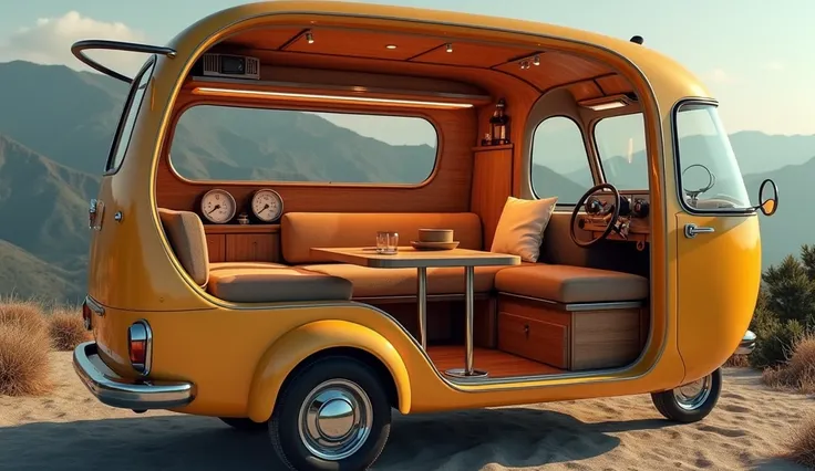 Interior view of 2025 retro camper three wheeler 