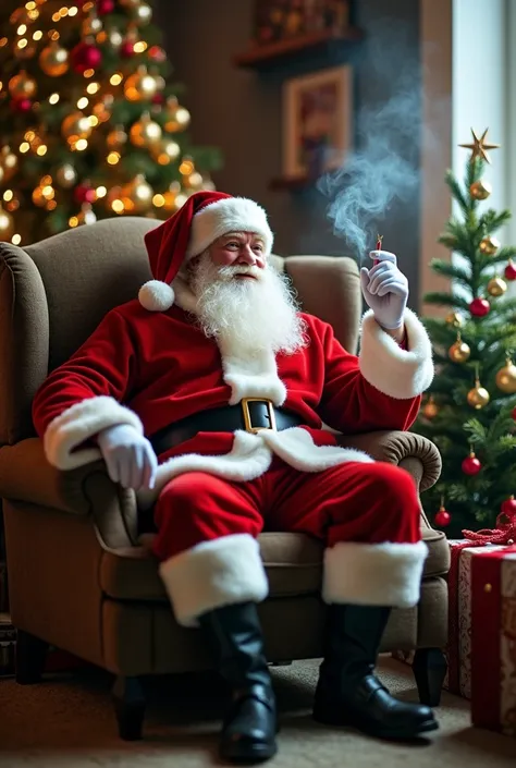 A jolly figure dressed as Santa Claus lounges in a cozy armchair, dressed in a traditional red and white suit. He holds a cigarette, exuding a relaxed vibe. Surrounding him are decorated Christmas trees adorned with golden ornaments. The scene has a warm, ...