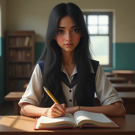 Image quality: realistic 4k ultra HD quality image. Character Solani: Sonali is a simple, beautiful and intelligent girl of 20 years. She is slim and fair. Her long black hairs enhance her simplicity. She is wearing government school uniform and studying i...