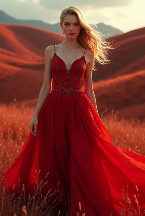 Gorgeous woman red frock red hills blond hair red eyes 