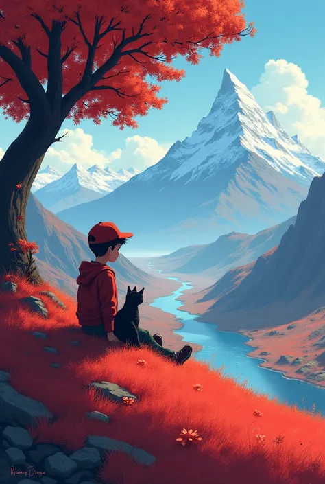 A  is sitting on a hill, with a black cat by his side. The color of the hill is red, the boys head on cap. So there are only big mountains and a river in front. A big tree next to him