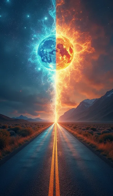 A split road, with one side modern and the other glowing with mystical light, ancient symbols, and vibrant colors. The image symbolizes the intersection of science and spirituality in understanding phenomena like déjà vu