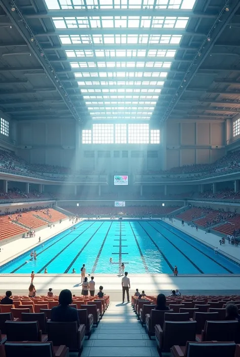 Olympic-sized swimming pool with 3000 seats with natural light and a few people inside, the image should be from the inside