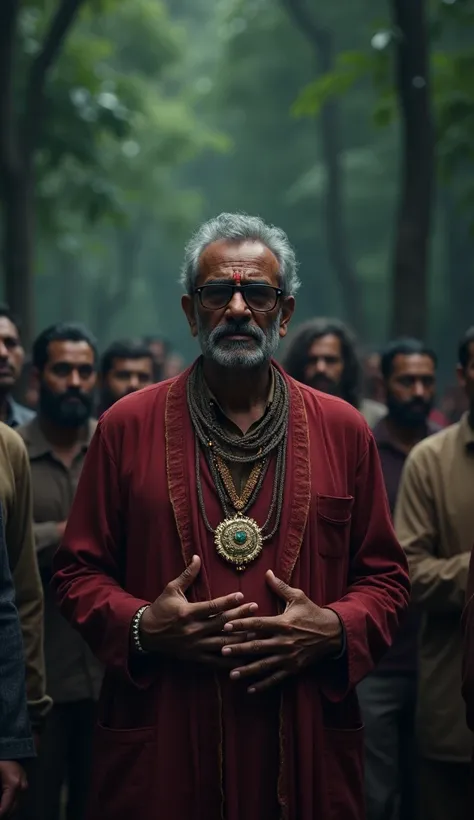 50 year old rich indian man standing in group of peoples, wearing jewels and specs, sad face, forest background, dark night scene, detailed image ,night dark forest ambiance, cinematic scene, cinematic lighting, ultra realistic, hyper realistic, highly det...