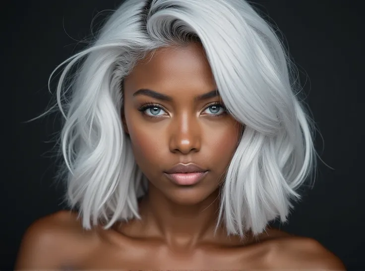  Give me a western woman with silver white hair， Shes a mix of white and black people ， She has exquisite facial features ， tall bridge of nose，Delicate eyebrows 。She is in good shape， Her hairstyle is a silver white explosive head。Her pupils are silver wh...