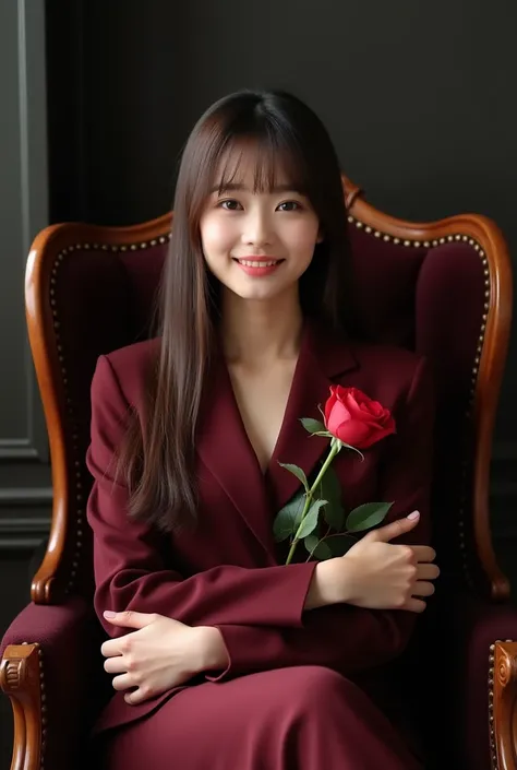 from the front, a young Asian woman, clean face, sharp nose, 24 years old, long straight brown hair with bangs, is sitting elegantly on a classic wooden chair with her arms crossed, she is wearing a maroon formal suit, maroon formal trousers, shoes maroon ...