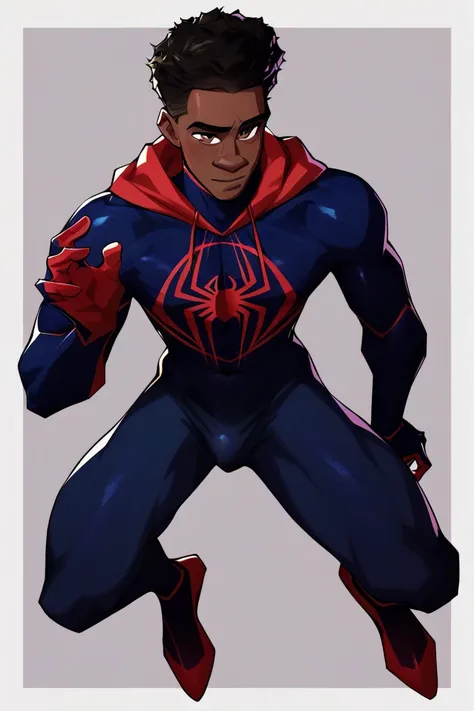 1boy,solo,male focus,miles morales,black hair,dark skin,dark-skinned male,brown eyes,uniforme spiderman , full body image, in action, in city