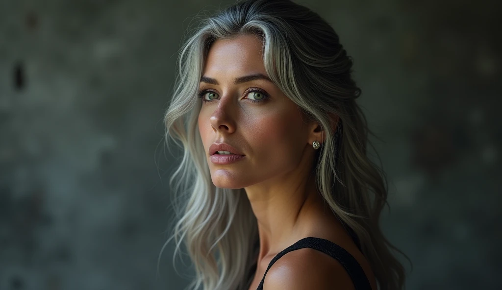 ( photorealism :1.2), beautiful woman, From 40 years of sexy gray hair, Her being away from the camera and looking in front of the camera. 