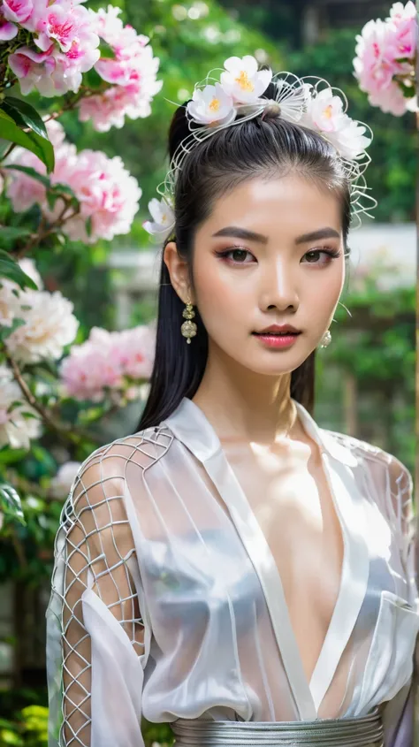 Portrait of a beautiful 20-year-old Thai-Japanese Asian model with shiny white skin, high-end cosmetics, silk shirt and metal mesh outfit. Her hair is tied up and accessories are extremely simple but elegant. Standing in the middle of the temple yard with ...