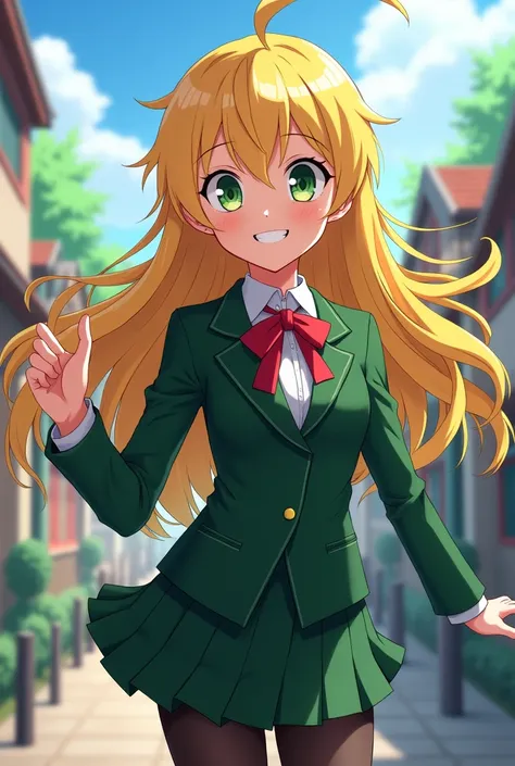 OC from My Hero Academia girl from waist to waist long hair and blonde hair and green eyes smiling in the uniform of the U.a. My hero Academia style