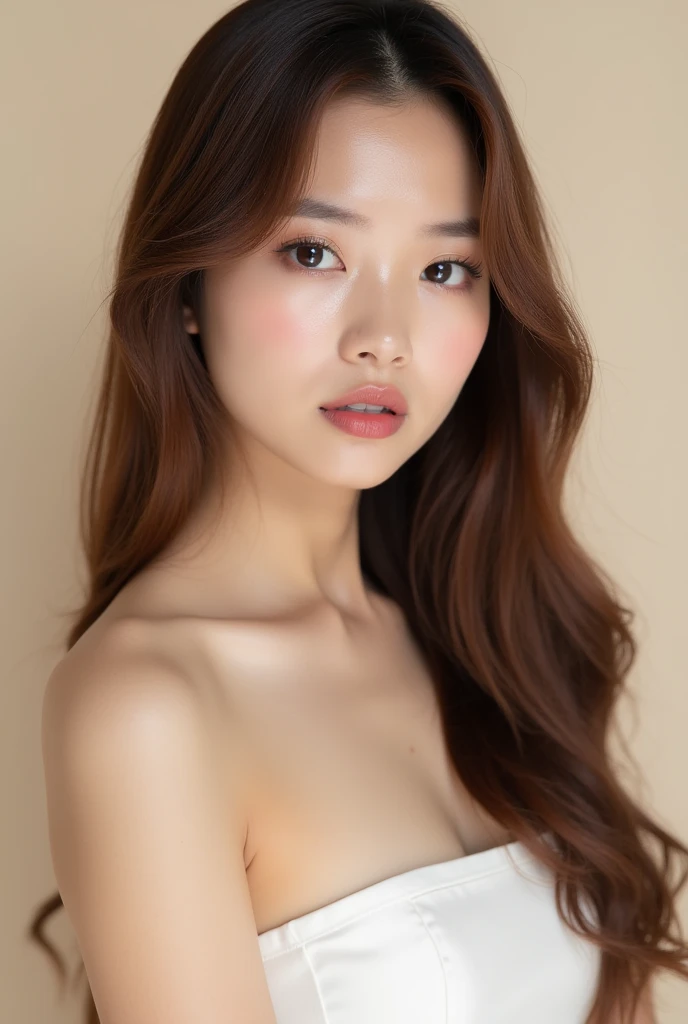 A beautiful Thai girl with brown hair. She is twenty five years old with a Thai face. She is wearing a white strapless  dress. She has deep mauve eyeshadow and deep mauve lipstick. She has a quiet, indifferent, and stern appearance without a smile and a se...