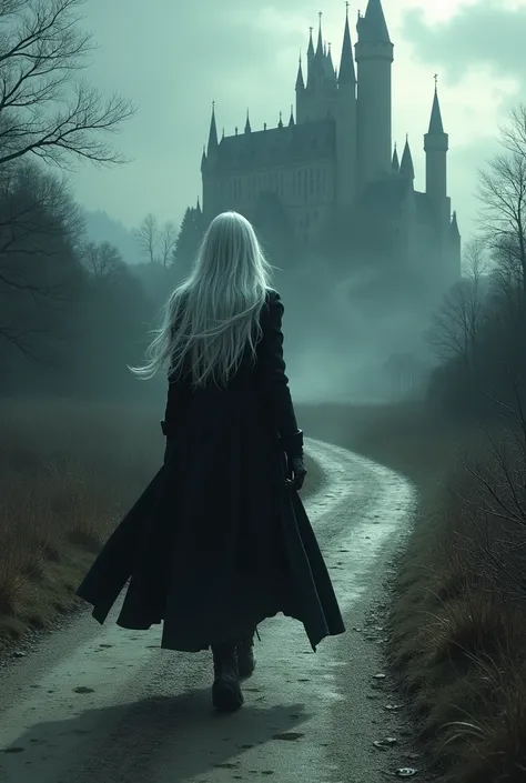  Silver long hair, vampire fangs ,  black old coat ,road to the ancient castle , gloves on her hands ,boots on feet