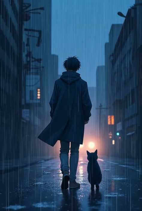 anime man walking with a cat in the rain at night, a picture by Yuumei, trending on cg society, conceptual art, anime art wallpaper 4 k, anime art wallpaper 4k, anime art wallpaper 8 k, anime wallpaper 4k, anime wallpaper 4 k, 4k anime wallpaper, anime bac...