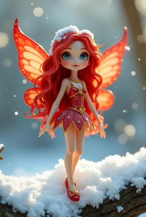 A whimsical fairy figurine with vibrant red hair and wings, dressed in a matching red outfit with gold accents, stands on a snow-covered branch, her eyes sparkling with delight.HD