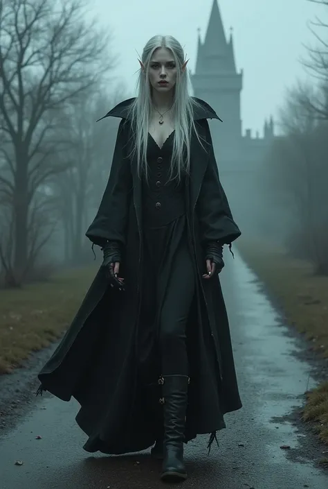  Silver long hair, vampire fangs ,  black old coat ,road to the ancient castle , gloves on her hands ,boots on feet,эльфийка