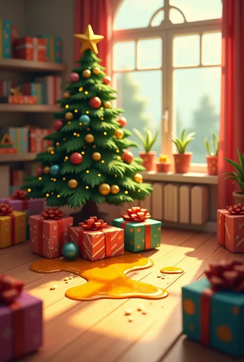 christmas message with cristmas tree, christmas gifts, and lots of honey on the floor