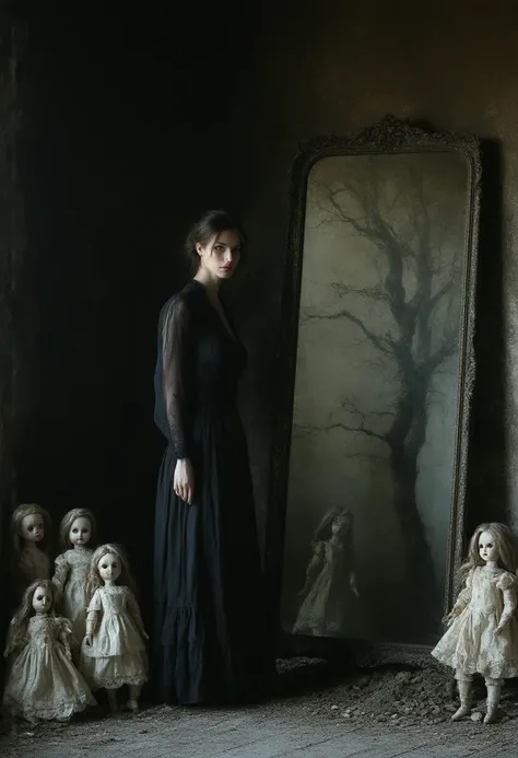 The woman in an empty dark room around a lot of old French dolls, everything is dilapidated next to the Venetian mirror, it reflects the trunks of withered trees 