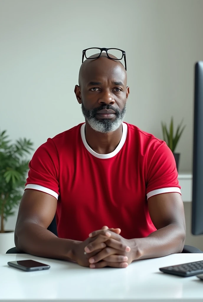 Un africain, tête rasée, barbe rasée, âgé de la cinquantaine, assis derrière un bureau avec un ordinateur bureautique large de couleur blanche,il est dosé il porte un t-shirt rouge, le bord des manches blanc, il porte une paire de lunettes tenue sur le fro...