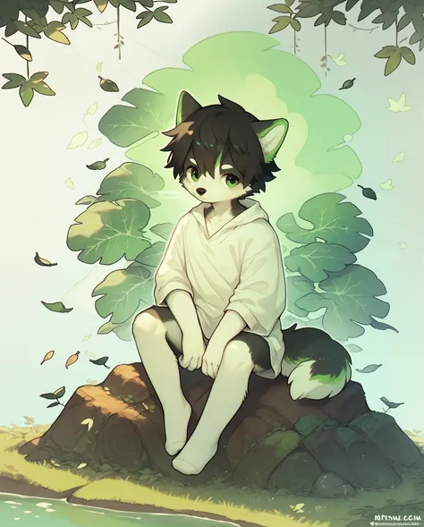 Solo, Husky Boy，furry boy,  black  hair ，white and black skin，Leaves and twigs behind, green aura, no shoes, no clothes, One ear bent, full body, sitting pose