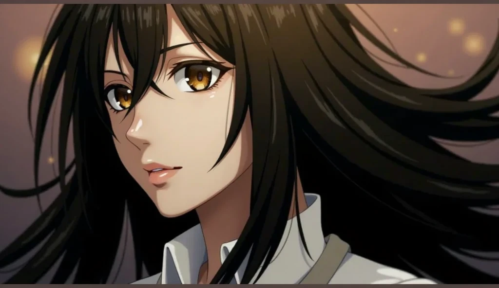 (masterpiece:1.2,  best quality), Beautiful anime character Mikasa with long black hair and yellow eyes