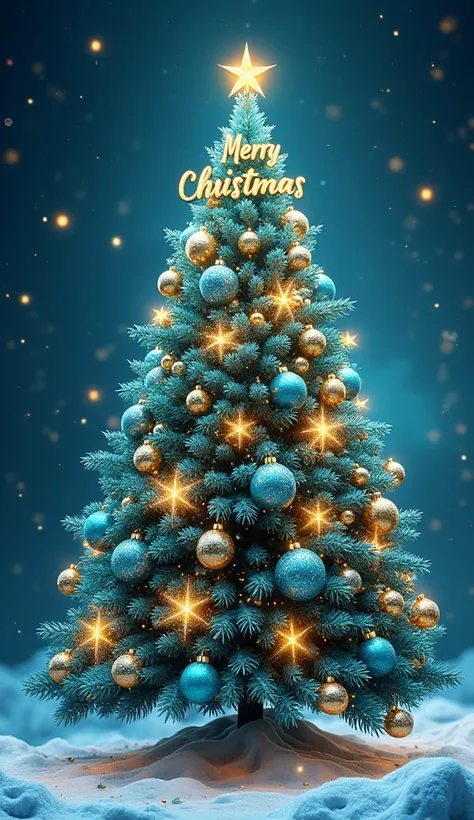 Cyan and gold Christmas tree, "Merry Christmas" golden text