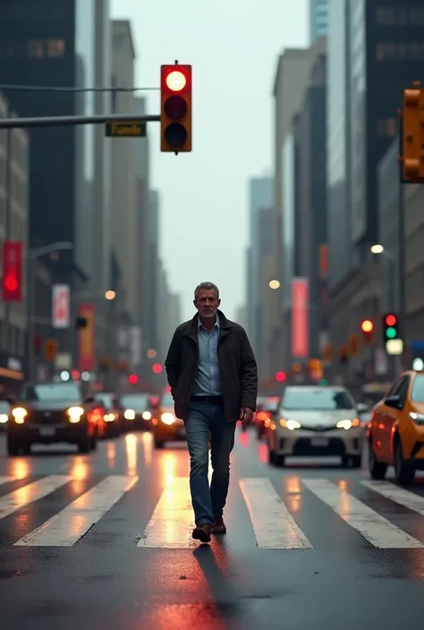 man crossing the road with a red light