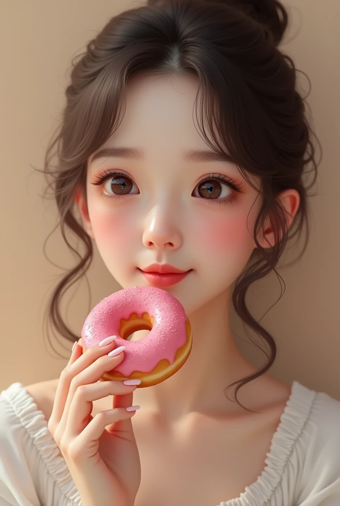 Woman of light complexion with a donut in her hand realistic cute face