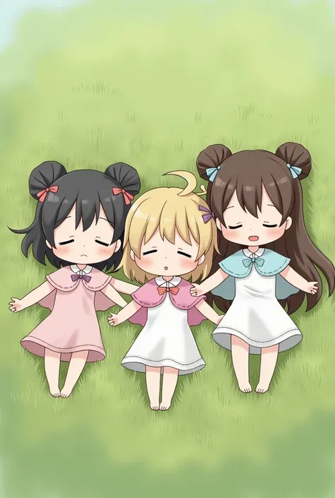  Three female chibis with their hair tied in two pigtails and wearing a dress and a cape, lying in the grass 