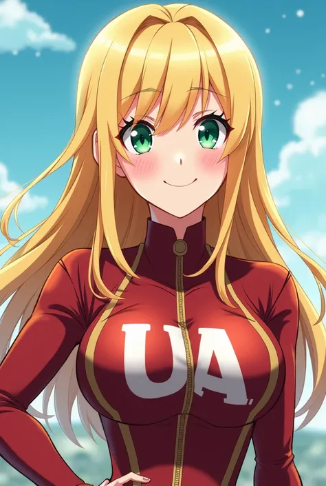 OC from My Hero Academia girl from waist to waist long hair and blonde hair and green eyes smiling in the uniform of the U.a. with Momo Yaoyorosus body