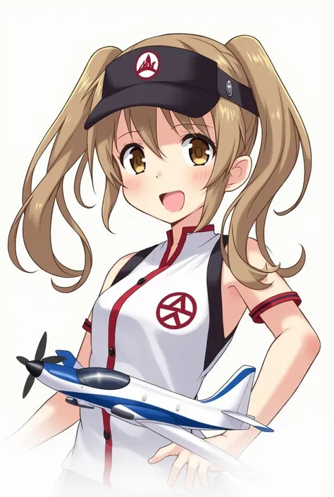 1girl, ryuujou (kancolle), solo, brown hair, twintails, brown eyes, visor cap, magatama, open mouth, aircraft, smile, airplane, white background, japanese clothes, simple background, kariginu, upper body, long hair