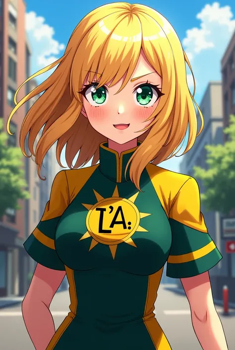 OC from My Hero Academia girl from waist to waist long hair and blonde hair and green eyes smiling in the uniform of the U.a. with Enos grandes