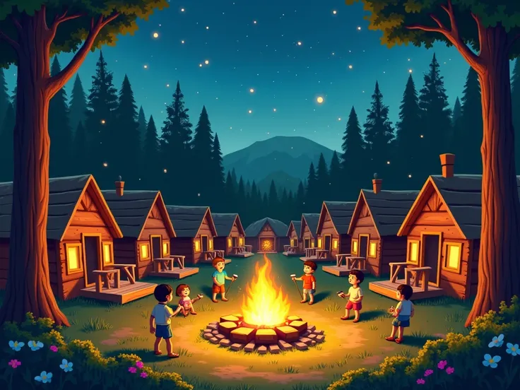 "A vibrant summer camp scene with rows of rustic wooden cabins surrounded by tall trees. The camp includes a central open space with a large bonfire, where ren are roasting marshmallows and singing songs. Nearby, there are activity zones for archery, arts ...