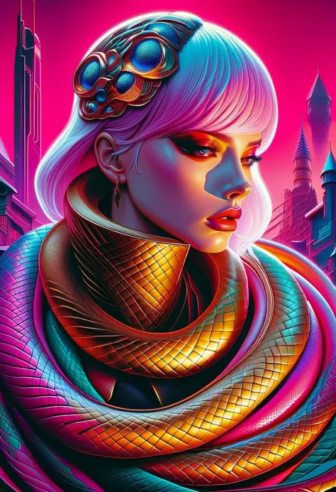 Cyberpunk l close up pink haired female with a white anaconda around her neck, portrait, clear sharp focus, featuring a dark and eerie atmosphere hyper realistic, 8K professional photography art, photorealistic masterpiece: by aaron horkey and jeremy mann:...