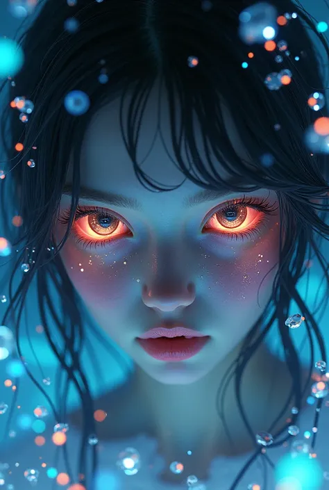 Close-up eyes , Fractals，Luminescence，1 Girl，Gorgeous and shiny, Meeva , 非常精细的Luminescence量子点, alien，Broken Face，Fluorescent ，crystal