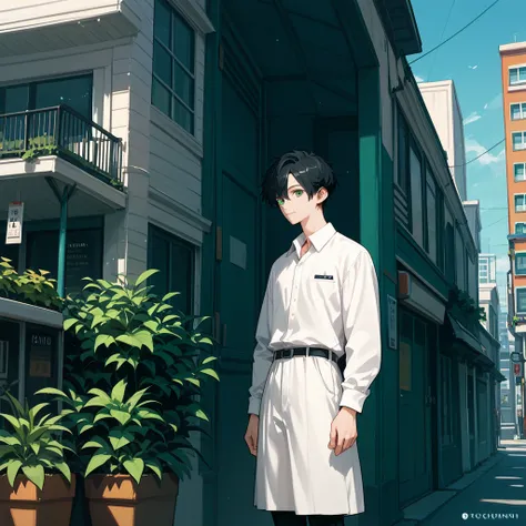 score_9, score_8_ up, score_7_ up,((8k)),1boy,university student, black hair, straight short hair,Blue-green eyes,Clean and simple fashion,White Dress Shirt ,(smile:0.8),Tall,bright,Alone