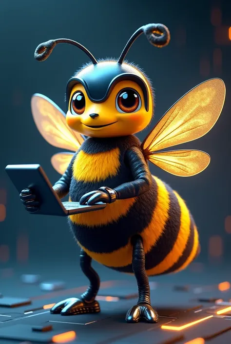 A futuristic and friendly bee mascot for a tech brand named Texno Usta. The bee should have a sleek and modern design, with metallic wings that shimmer like technology. Its body should be a combination of classic yellow and black stripes, but with a more d...