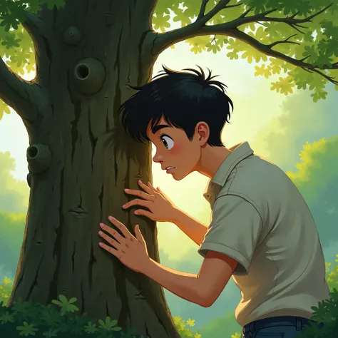 Young man analyzing a tree