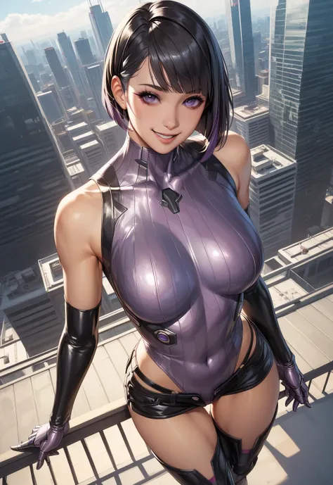  top quality 、 masterpiece、 Ultra Fine、（Shooting Resolution ：1.4）、  Ultra Fineシネマ、  angle seen from above 、 Cyberpunk Building、  Action Pose 、  girl、  Black Hair Bob Cut 、Metallic Shorts 、whole body、smile、1 person、 purple eyes、  metallic purple high neck l...