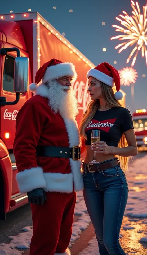  Santa Claus next to a red truck with the Coca-Cola logo and a 25-year-old Caucasian woman in the style of Adriana Lima wearing a black t-shirt, Christmas hat and skinny jeans next to a red and white Budweiser truck greet the camera with a glass of champag...