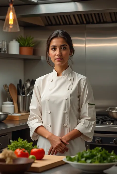 Pakistani girl chef stand in kitchen