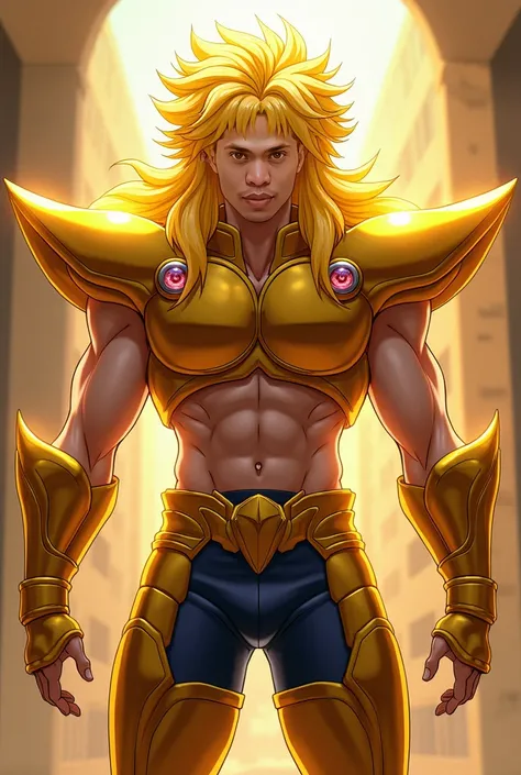 Ultra-high saturation（tmasterpiece）， fully body photo，（best qualtiy）， （1man），yellow hair,  saintseiya gold armor， man type armor，Expose your chest，Expose the waistline，Exposing thighs，cool-pose， Saint Seiya Armor， messy  hair，high detal, Anime style, Cinem...