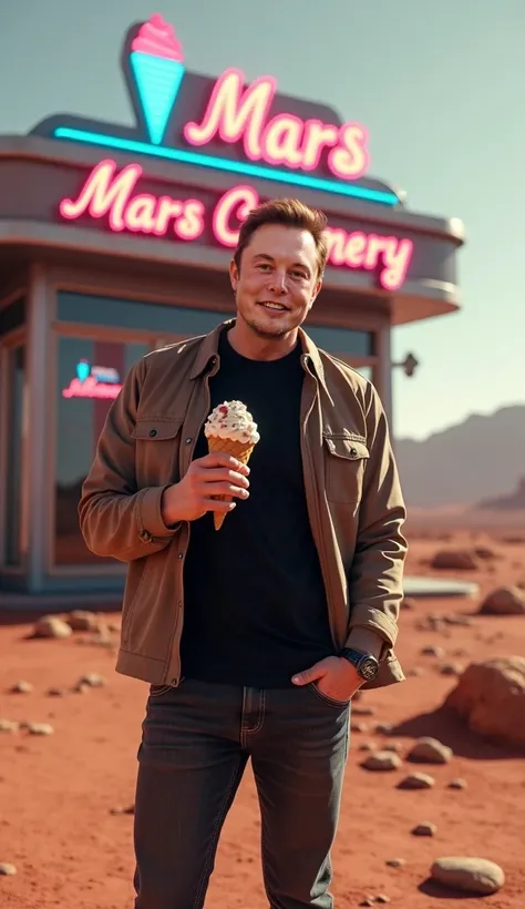 "Create an ultra-realistic image of Elon Musk standing outside his newly opened ice cream shop on the surface of Mars. Elon is dressed in his normal attire—a casual yet stylish outfit with a black t-shirt, dark jeans, and a jacket. His face is detailed and...