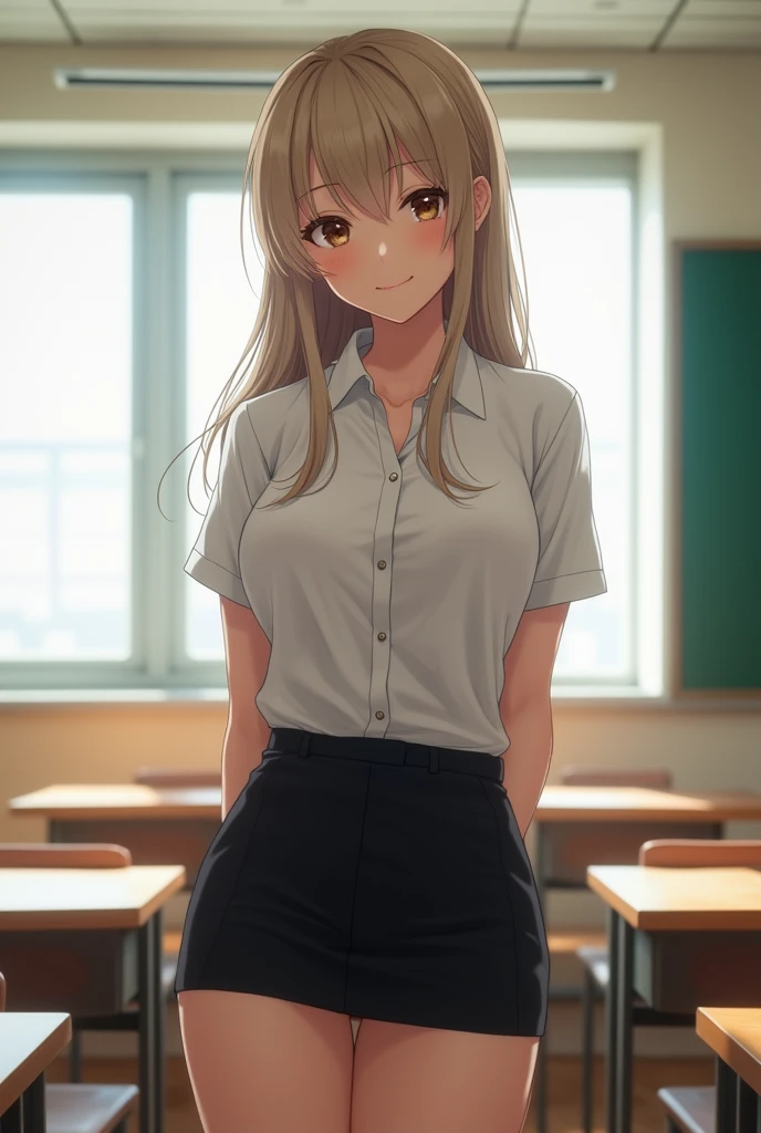 (UHD, masterpiece, anatomically correct, textured skin, super detail, best quality, highres, 8k, bloom, Front Light:1.2, Perfect dynamic composition), (24-years-old, 1 person, Cute and sexy high school teacher), (Sexy Face, Long face, Distant eyes, Gentle ...