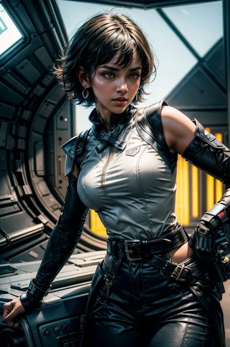 OliveHarper, 1girl, solo,l, short hair, black hair, jewelry, medium breasts, yellow eyes, earrings, detached sleeves, sleeveless, black belt, blue pants, dark skin, dark-skinned female, black belt, belt buckle, vambraces, standing in enormous space station...