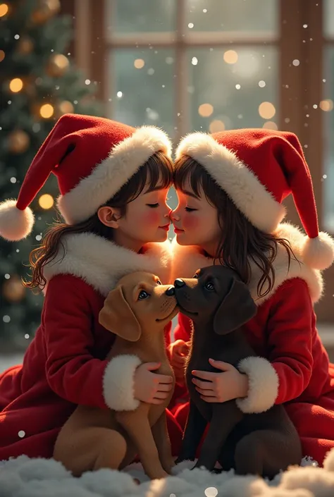 Une femme brune avec un chien malinois et une femme brune avec un labrador de couleur chocolat souhaitent un bon Noël en envoyant un baiser