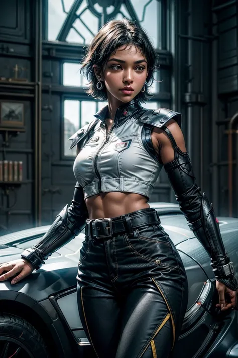 OliveHarper, 1girl, solo,l, short hair, black hair, jewelry, medium breasts, yellow eyes, earrings, detached sleeves, sleeveless, black belt, blue pants, dark skin, dark-skinned female, black belt, belt buckle, vambraces, standing in enormous space station...